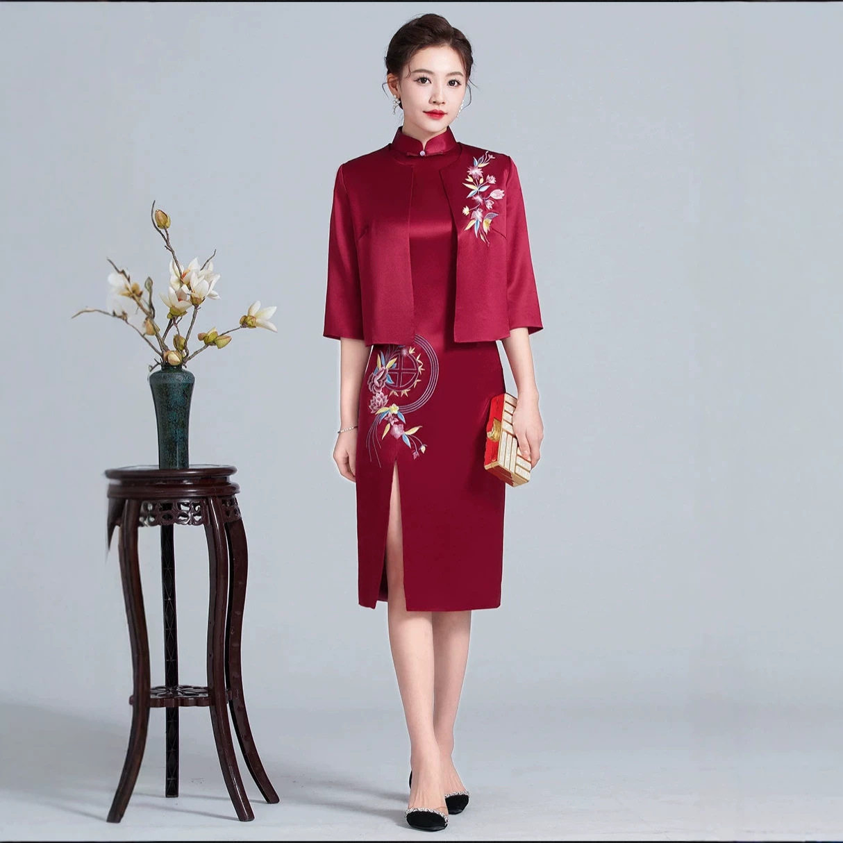 春秋高端婚宴妈妈旗袍礼服两件套