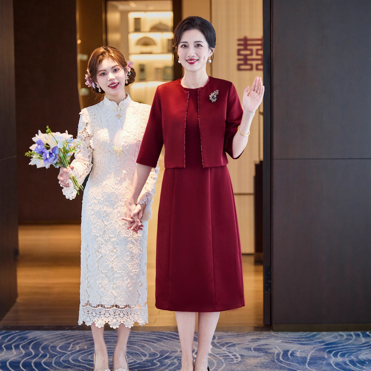 加厚高级感婚庆妈妈礼服两件套
