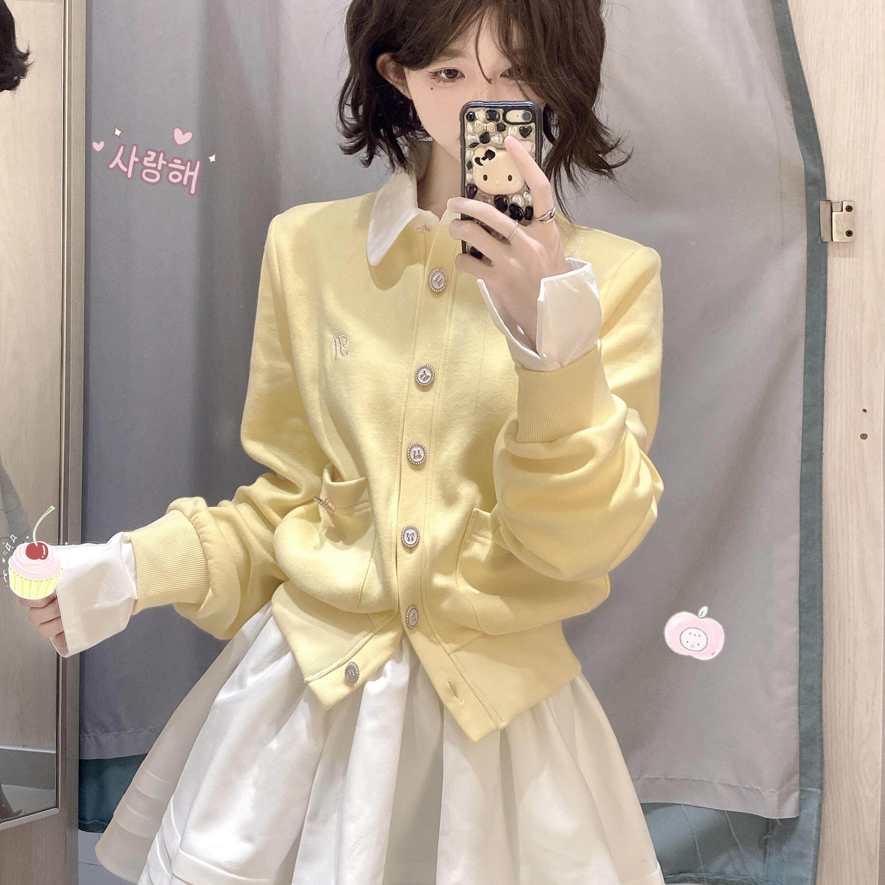 早秋独特超好看穿搭小个子套装女韩系慵懒chic黄色开衫短裙两件套