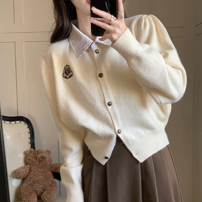 学院风拼接假两件针织衫