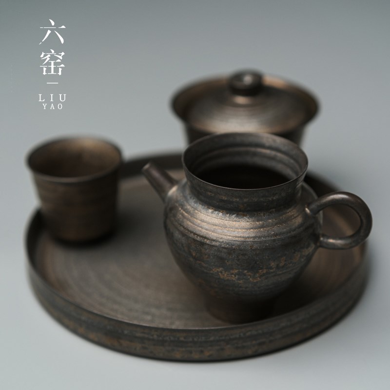 鎏金釉粗陶公道杯 泡茶茶海公杯陶瓷带把分茶器匀杯功夫茶具配件