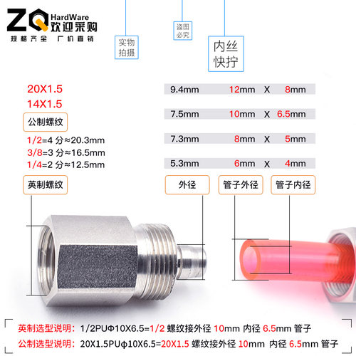 304不锈钢内丝快拧内螺纹锁母2/3/4分14/20*1.5接6/8/10/12mm软管