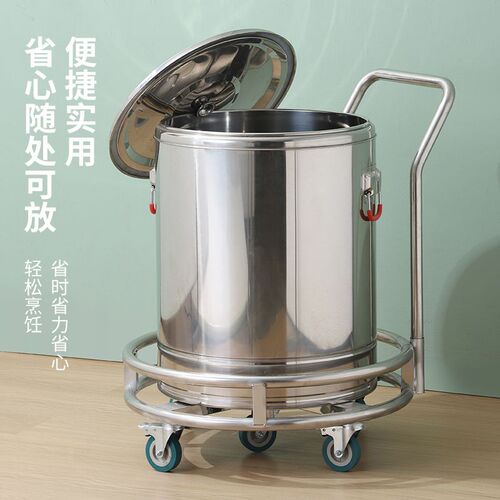 加厚不锈钢周转车食堂带滑轮运输工具车汤桶圆座推车移动花盆底座