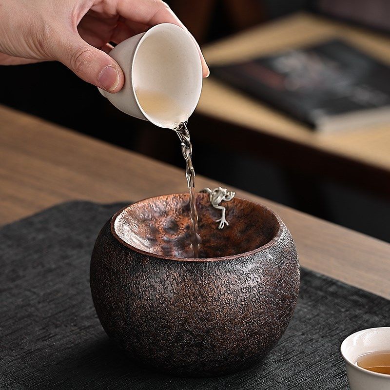 手工紫铜茶洗茶渣缸 建水高档水盂废水桶功夫茶具配件嵌银茶水缸