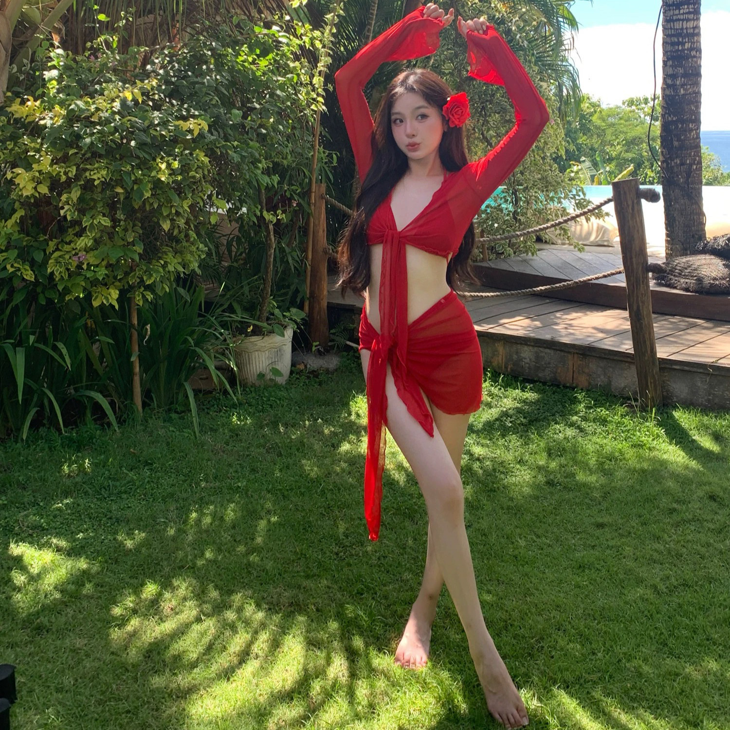 大红色泳衣女四件套性感纯欲遮肉显白复古辣妹泡温泉度假长袖遮肉