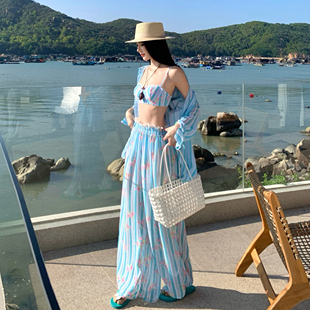 绝美慵懒法式浪漫蓝色条纹碎花比基尼女海边度假风分体长裤泳衣女