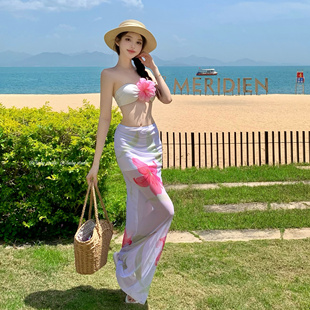 绝美度假比基尼长裙小胸抹胸性感纯欲辣妹花朵网红风泳衣女三件套