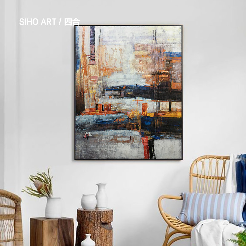 手绘油画客厅挂画 抽象黑调城市建筑玄关过道定制装饰画