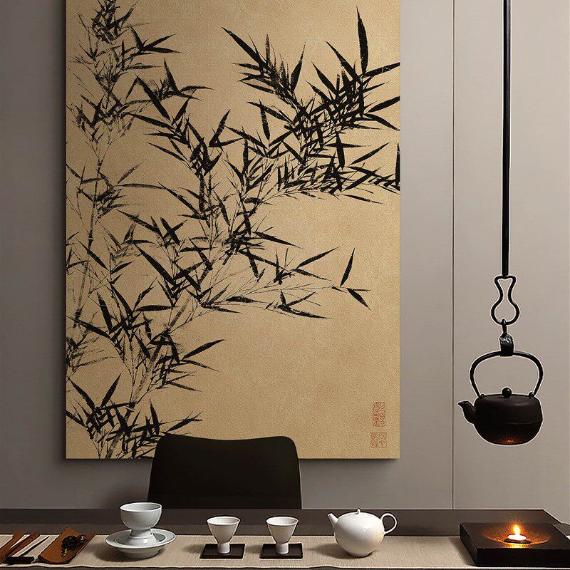 新中式玄关茶室竹报平安装饰画禅意样板房楼梯挂画酒店书房立体画
