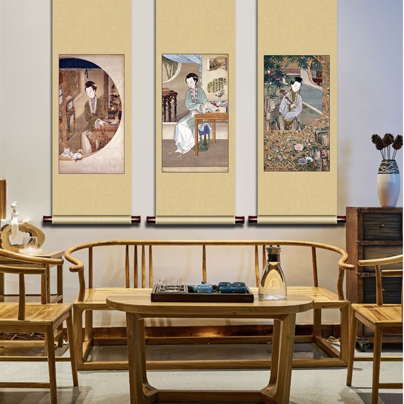 雍正十二美人图美女装饰画人物玄关客厅沙发背景墙卷轴挂画丝绸