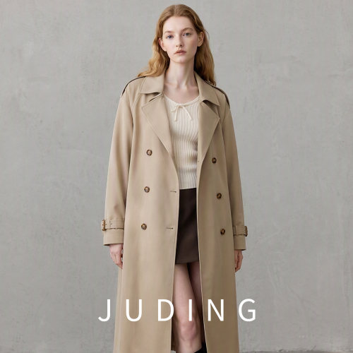 JUDING外套女款秋季韩系风衣长款卡其色大衣外搭温柔高级感F2316