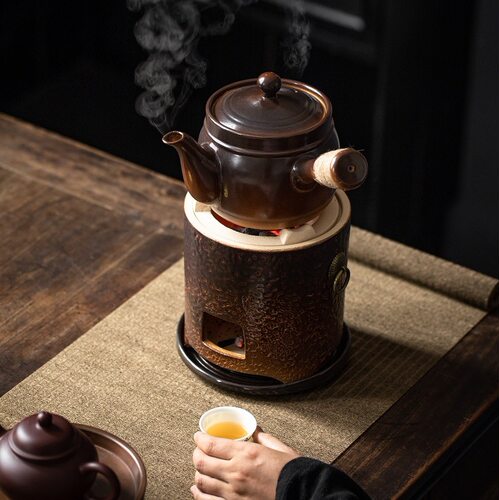 围炉煮茶淘瓷八中式复古温茶养生碳炉古陶侧把烧水煮茶壶窑变炭炉