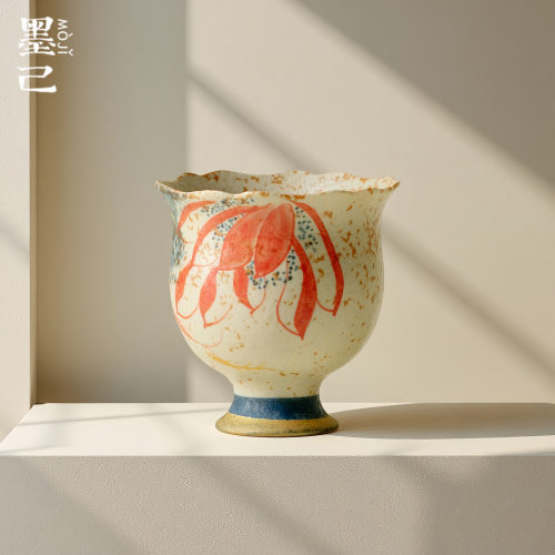 唐宋焦糖釉手绘莲花仿古陶瓷主人杯家用茶杯高足花朵品茗杯单杯