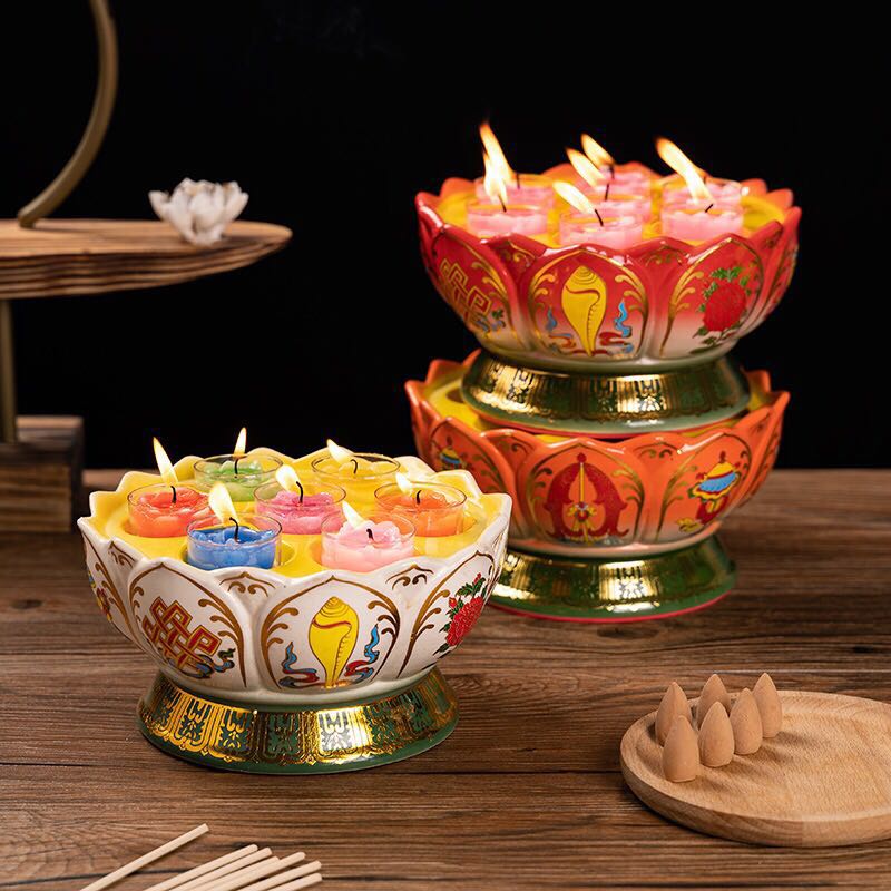 供灯七盏家居蜡烛台陶瓷酥油灯座八吉祥莲花灯架七彩灯盘
