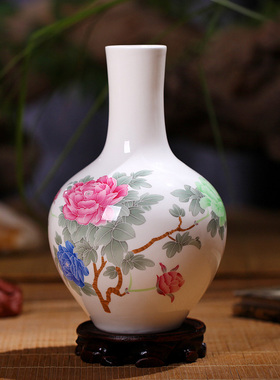 景德镇 粉彩牡丹陶瓷小花瓶 青花瓷摆件 家居 饰品 客厅家居装饰
