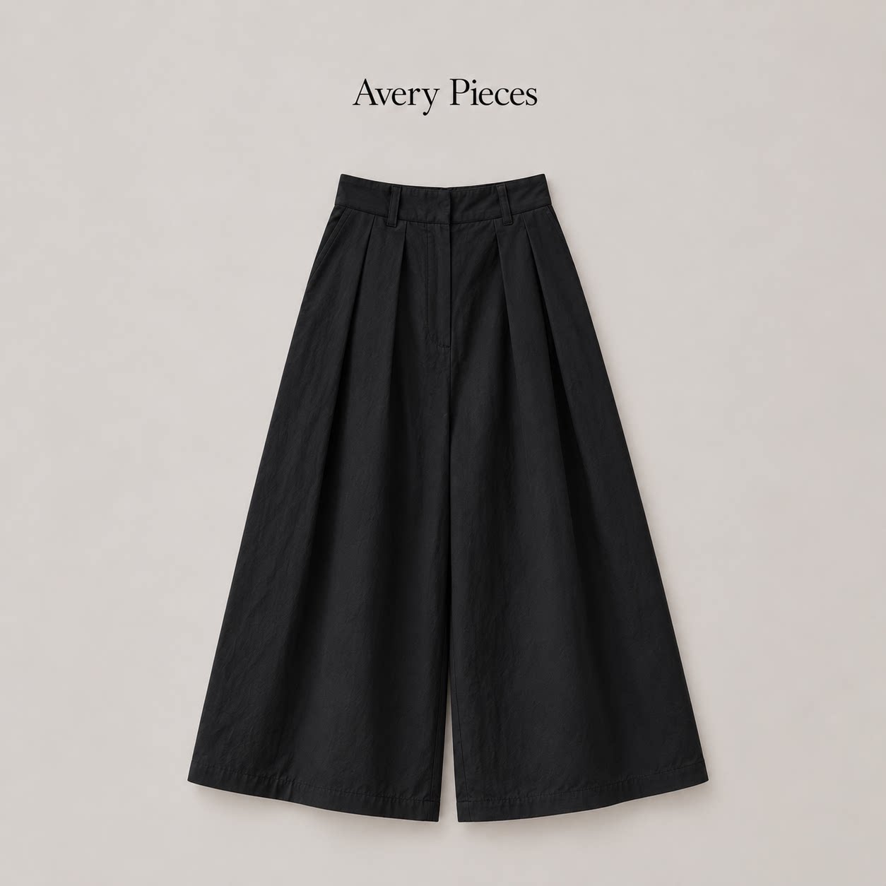 Avery Pieces 美国匹马棉盐缩高腰伞形阔腿裤 黑色宽松廓形长裤