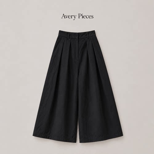 Avery Pieces 美国匹马棉盐缩高腰伞形阔腿裤 黑色宽松廓形长裤
