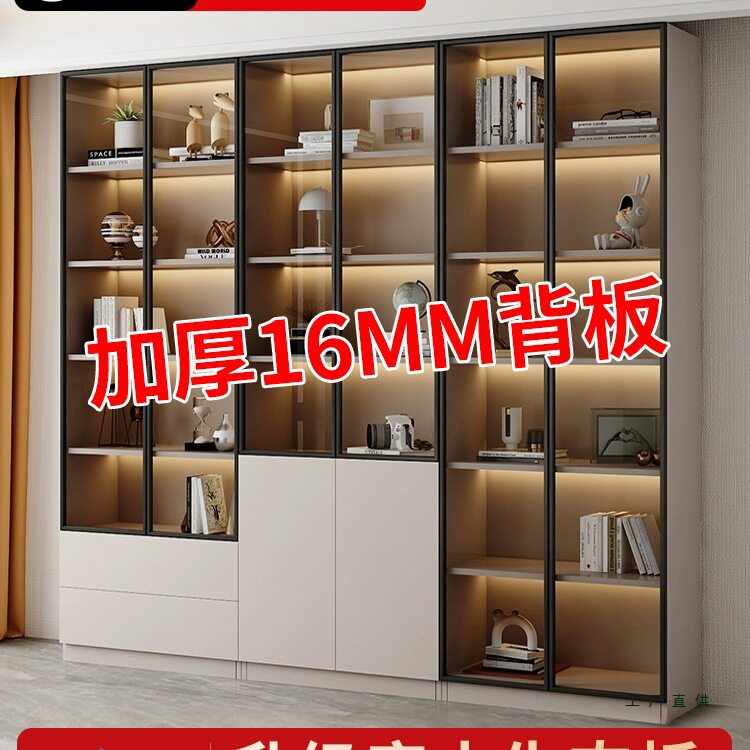 实木客厅书柜一体整墙到顶新中式带玻璃门展示柜定 制尺寸定 做书