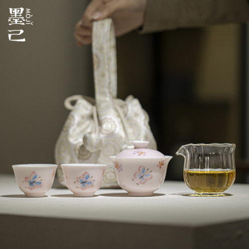 唐宋茶事收纳包一盖碗两杯户外旅行便携茶具套装手绘蝴蝶茶具套组