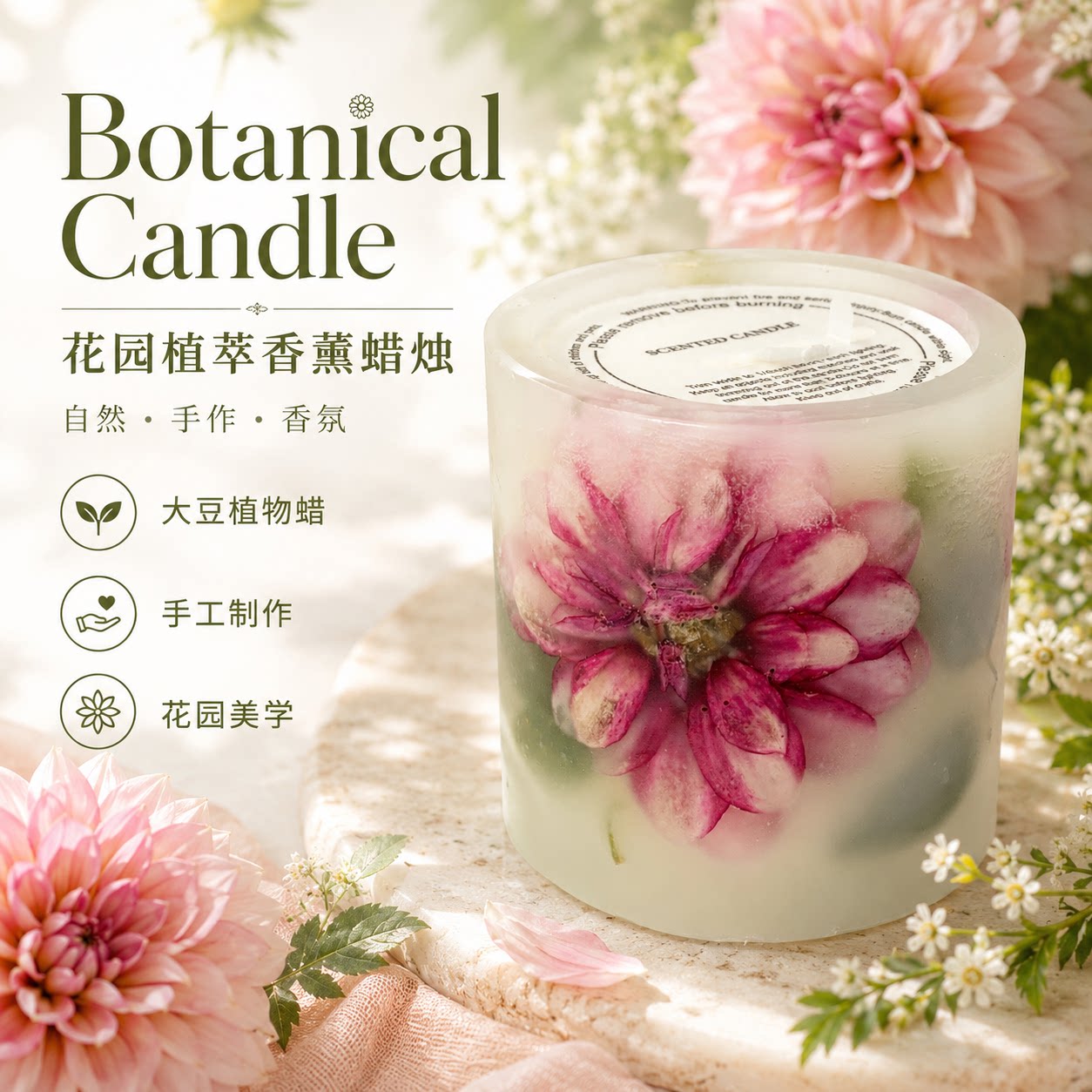 几时野 花园蜡烛香薰蜡烛大丽花植萃天然大豆蜡蜂蜡植物精油礼物