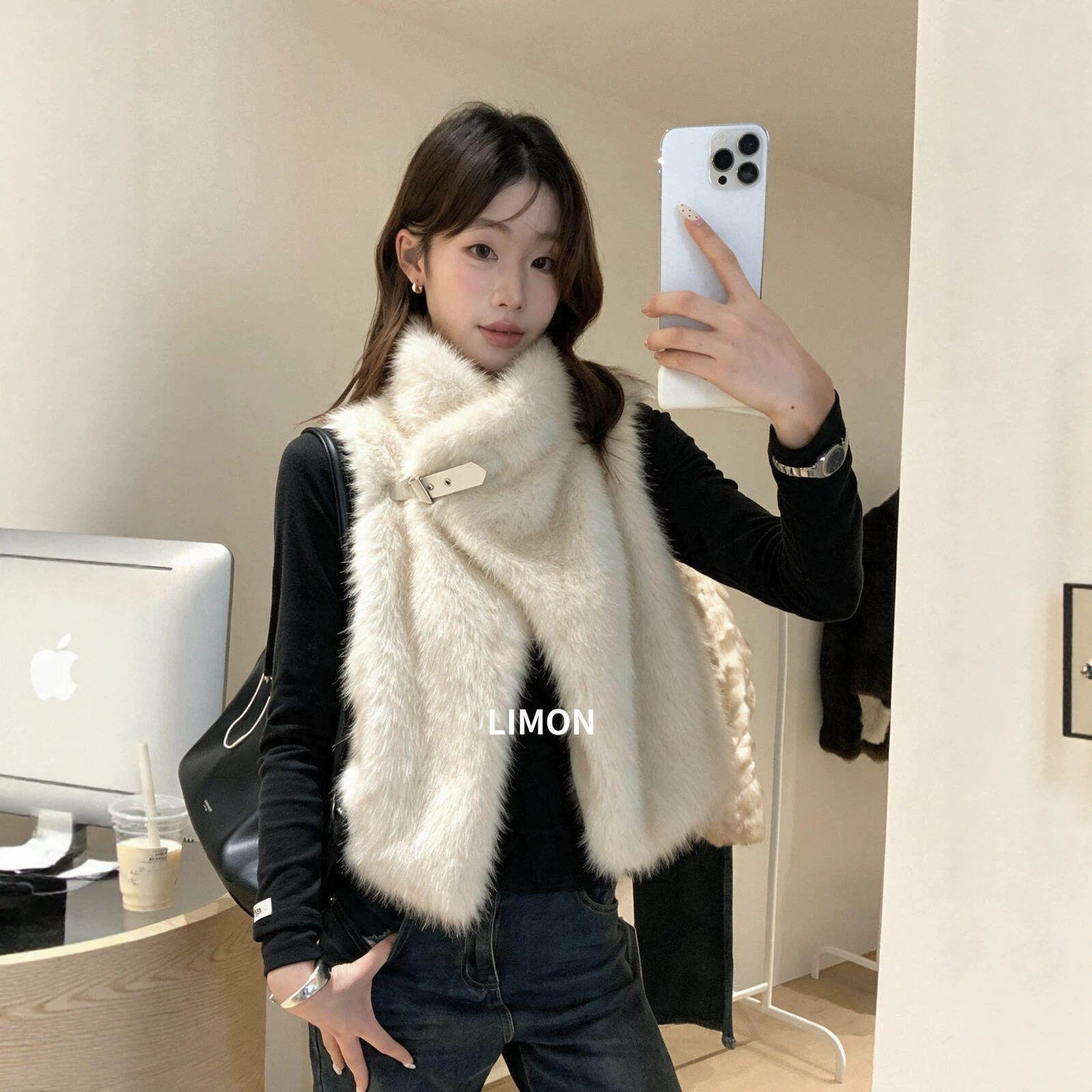 柠檬绿茶秋冬女装韩系慵懒风斜门襟皮带扣立领环保皮草马甲11393