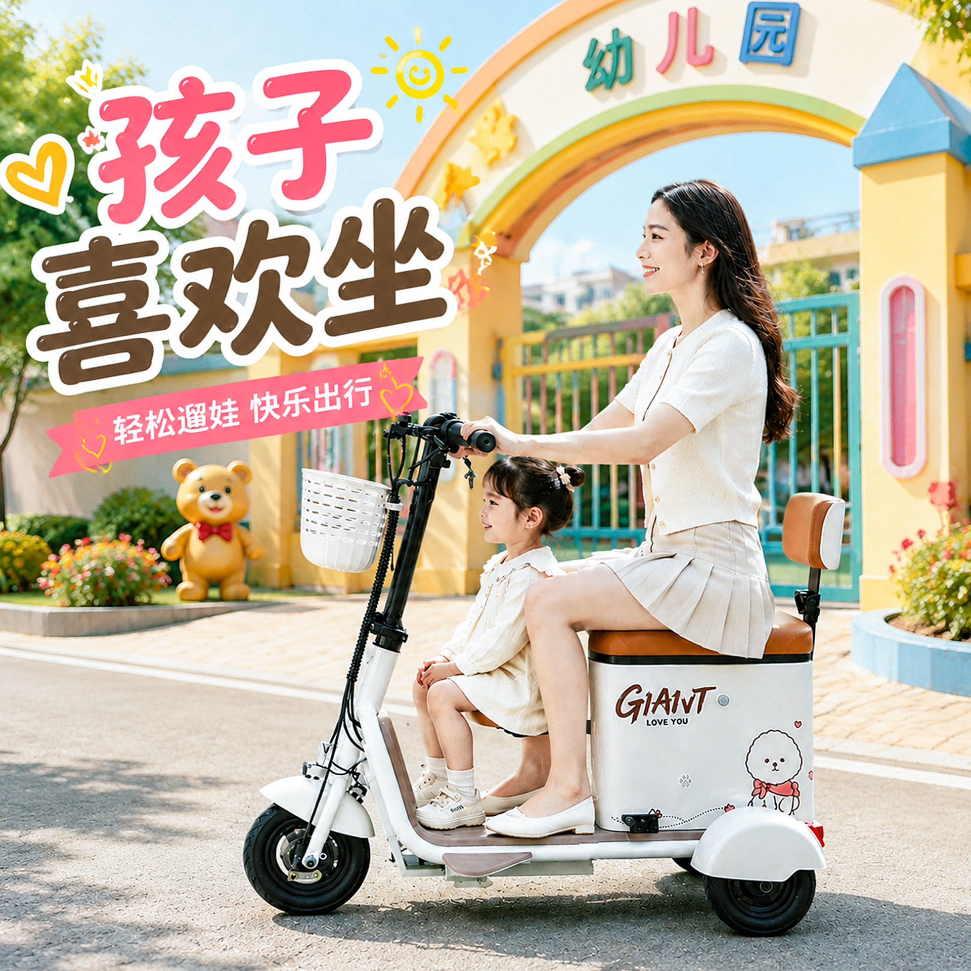 新款亲子电动三轮车 家用带孩子小电三轮 迷你小型女士接送代步车
