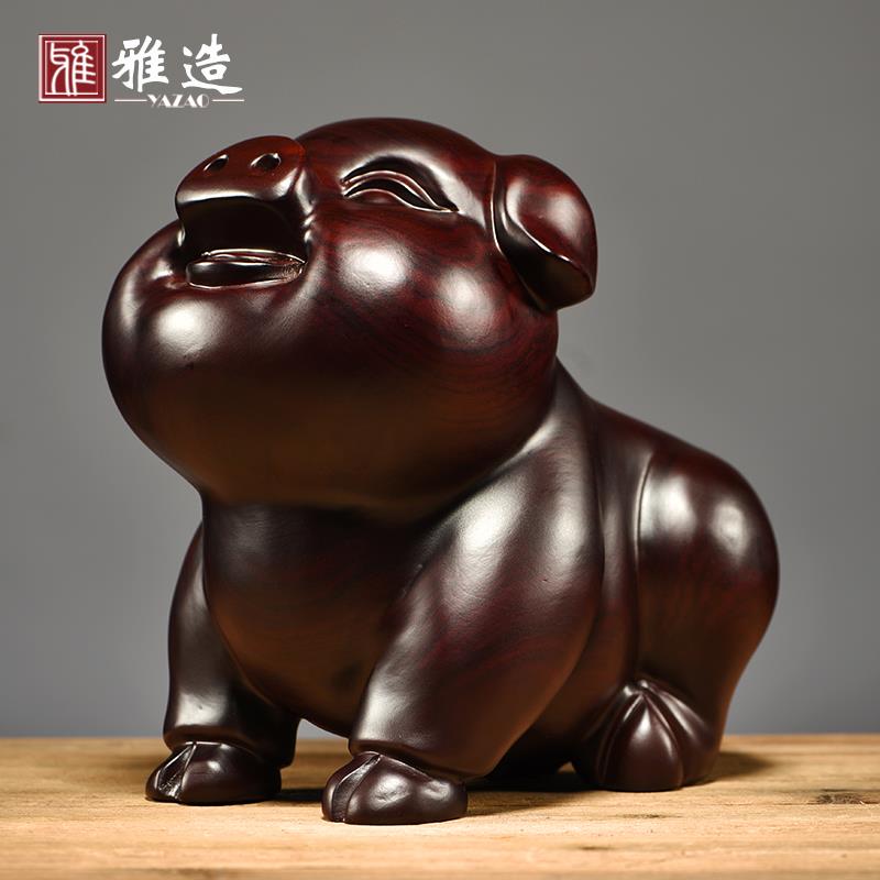 黑檀木雕猪摆件实木质十二生肖动物雕刻家居客厅电视柜装饰工艺品