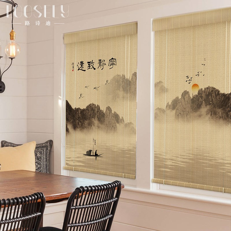 竹帘卷帘新中式阳台遮阳帘茶室客厅隔间山水画挂画窗户卷拉式窗帘