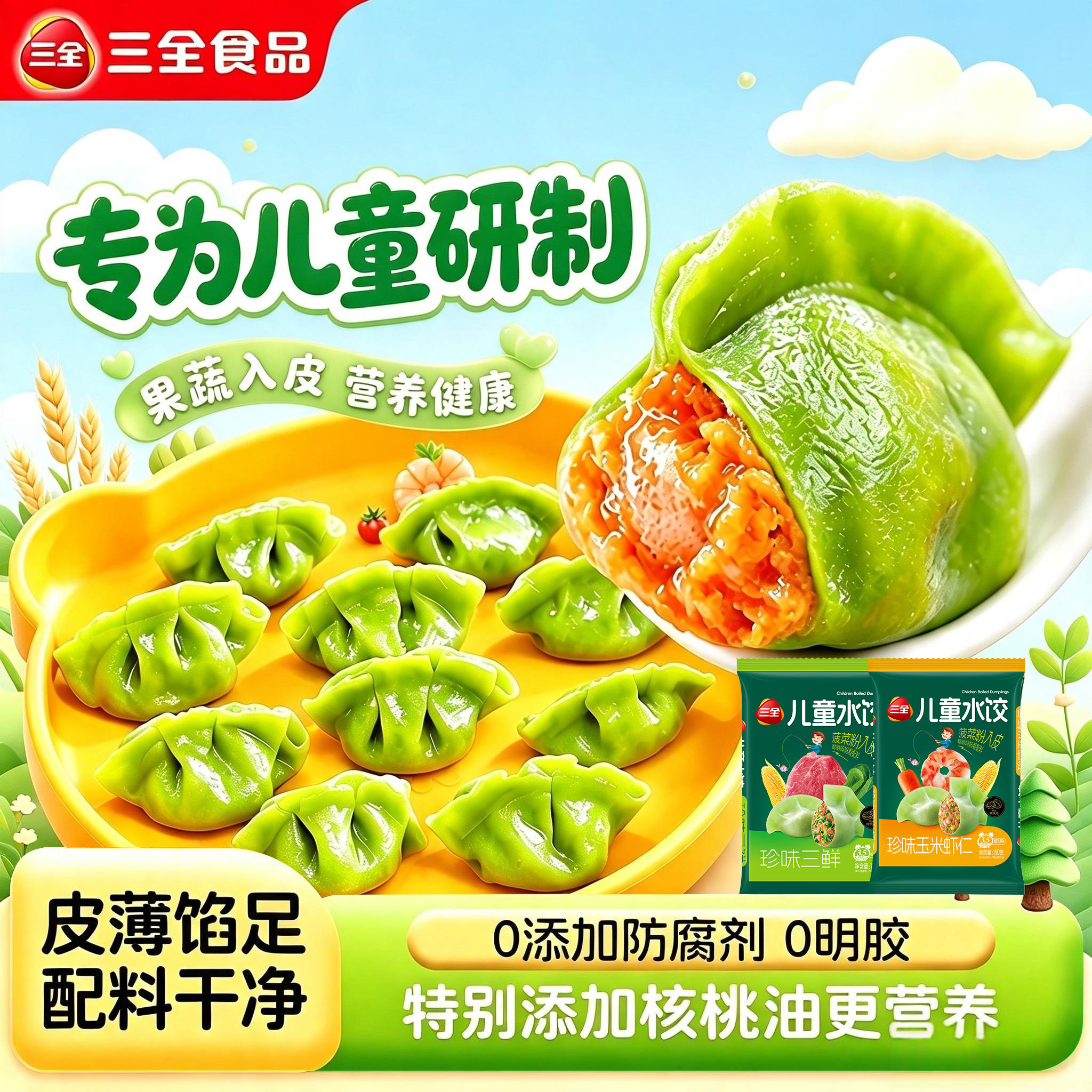 三全水饺儿童水饺珍味三鲜玉米虾仁营养速冻早餐速食宝宝半成品