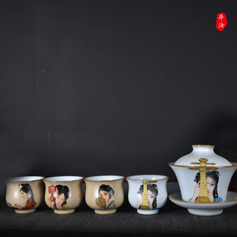 高端手绘仕女图纯手工美女茶杯景德镇汝窑开片主人杯陶瓷品茗杯小