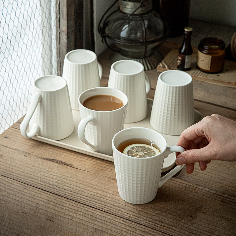 巷子尾简约杯子套装家庭陶瓷水杯6个带托盘客厅待客茶杯一套