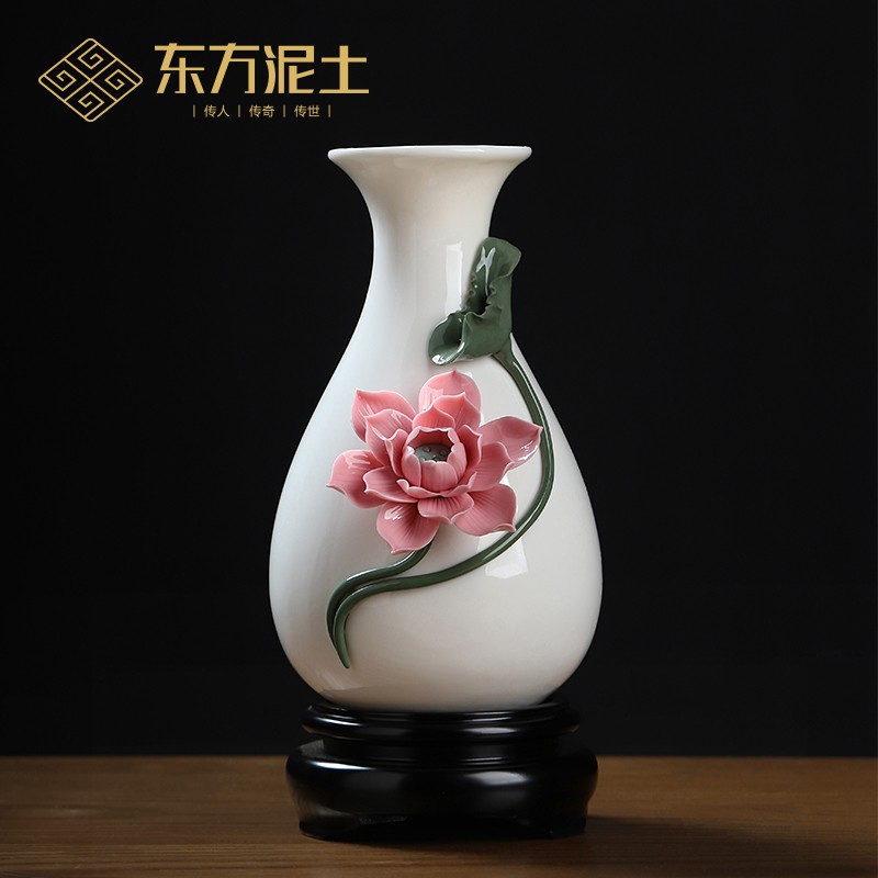 东方泥土陶瓷手工梅花牡丹荷花兰花插花花瓶摆件家居电视柜装饰品
