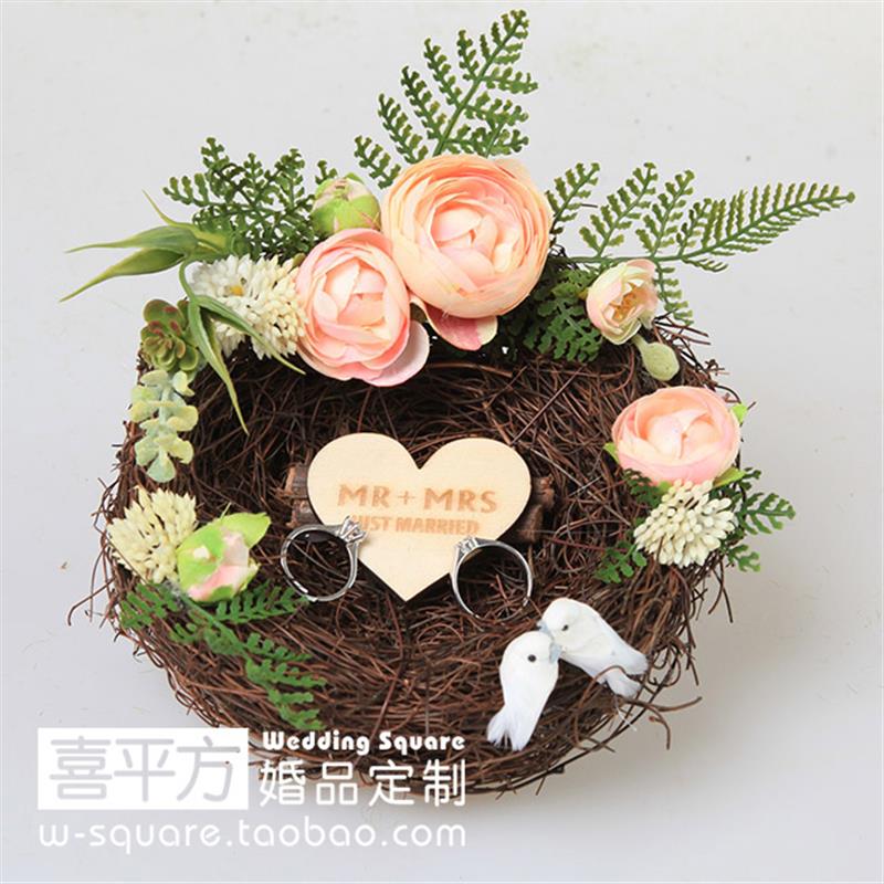 喜平方韩式求婚粉色爱巢戒枕手工森系多肉婚礼网红鸟巢戒托定制