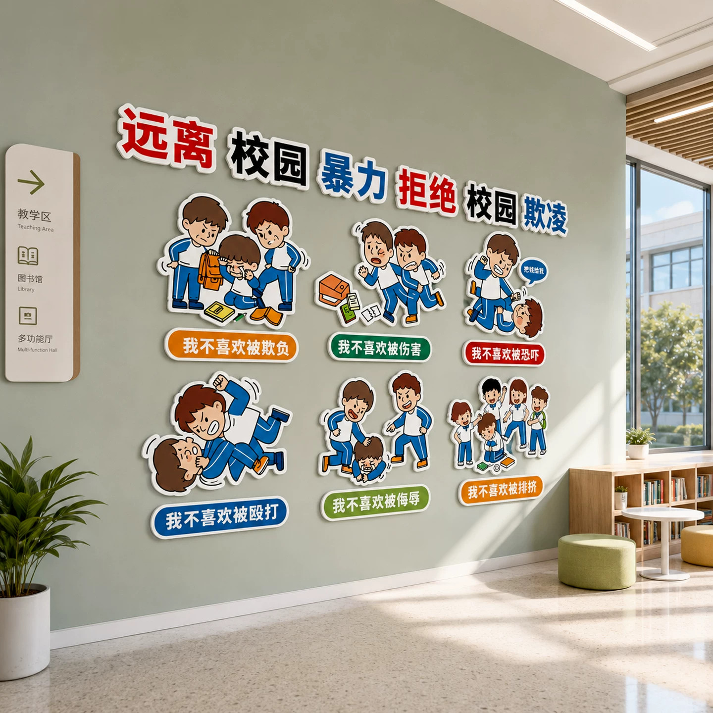 安全教育宣传幼儿园主题环创成品画拒绝校园霸欺凌黑板报文化墙贴