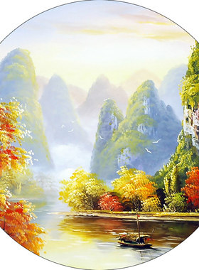 新中式大气绿色山水圆形装饰画流水生财壁画入户玄关自粘墙贴画