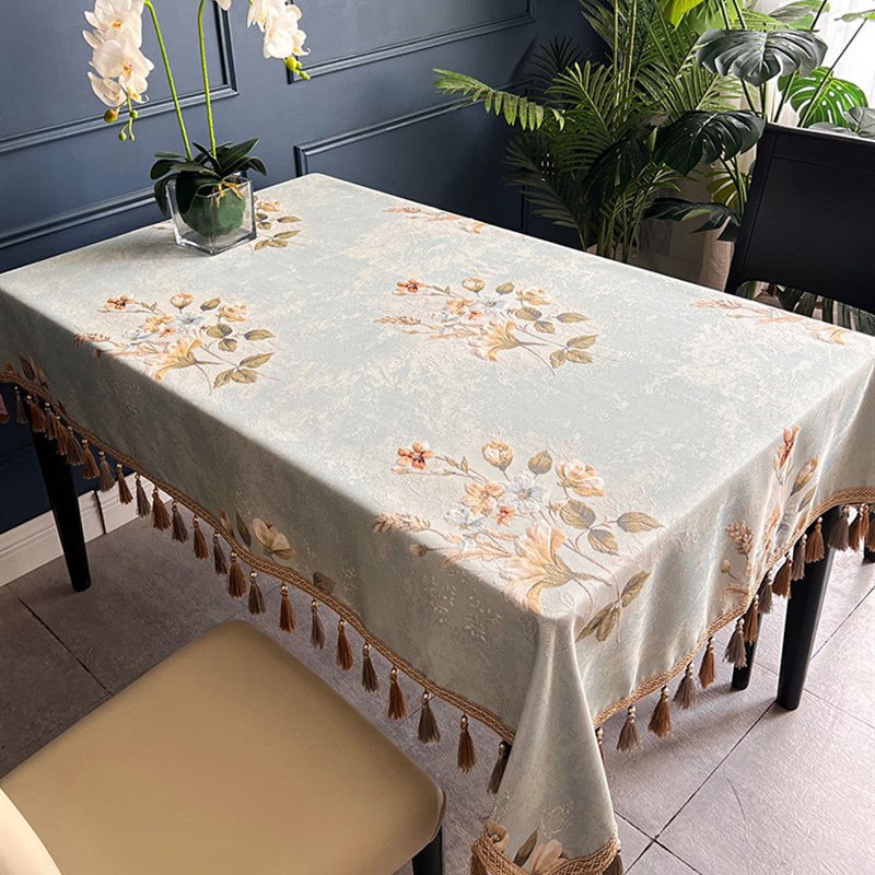 浪漫新中式提花餐桌布布艺茶几方圆桌布台布流苏吊穗家具家电盖布