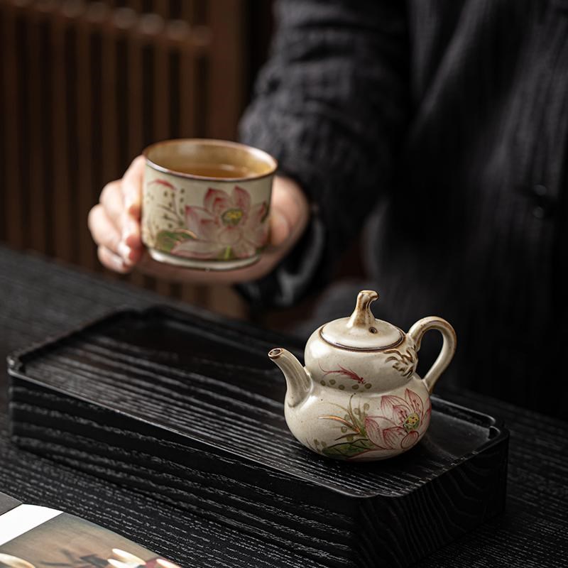 觅己手绘荷花茶壶家用户外便携式功夫茶具套装陶瓷泡茶器一壶一杯