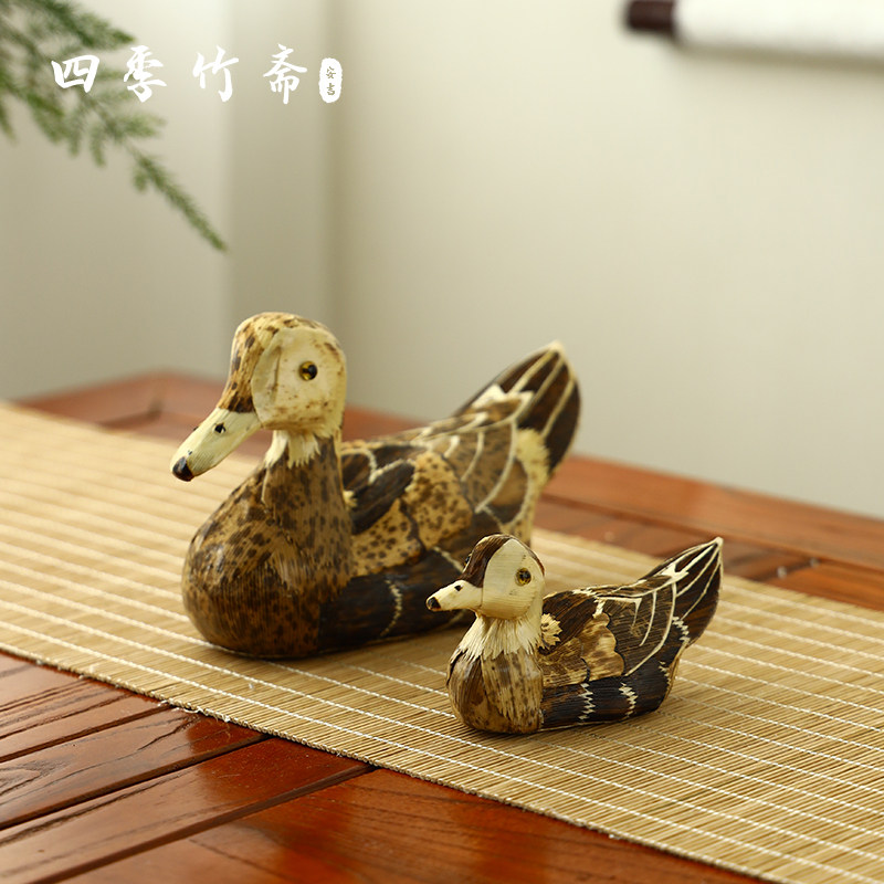 民间纯手工鸳鸯笋壳茶玩编制制作竹编鸭子茶宠摆件居家饰品工艺品