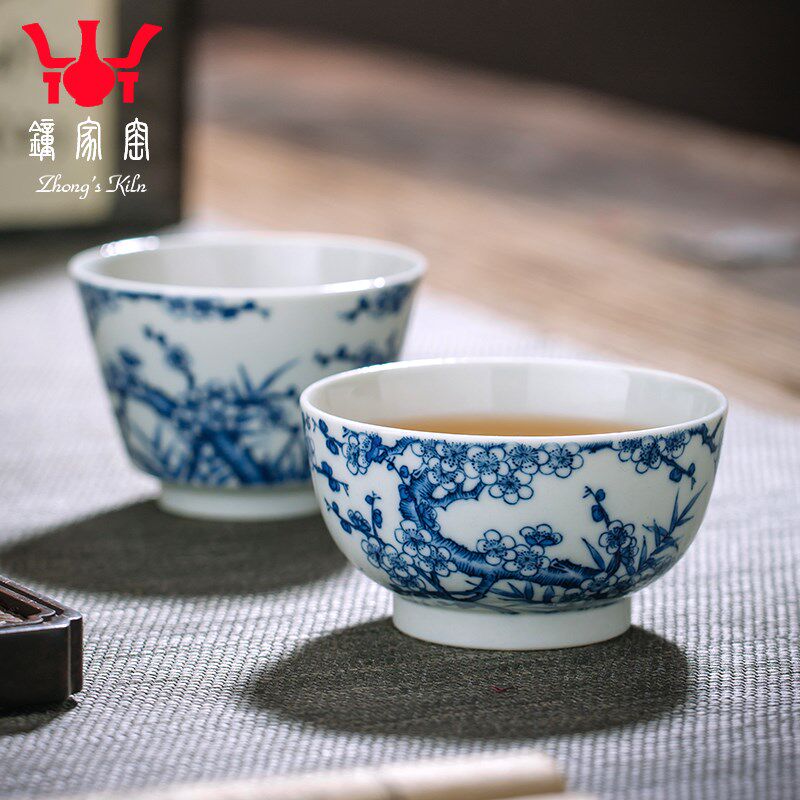 钟家窑青花瓷杯子景德镇茶具手工青花柴烧窑主人杯单杯梅花小茶杯