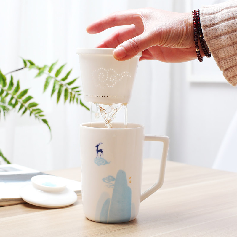 创意陶瓷过滤带盖茶水分离杯子功夫喝茶杯泡茶杯办公室家用礼品杯