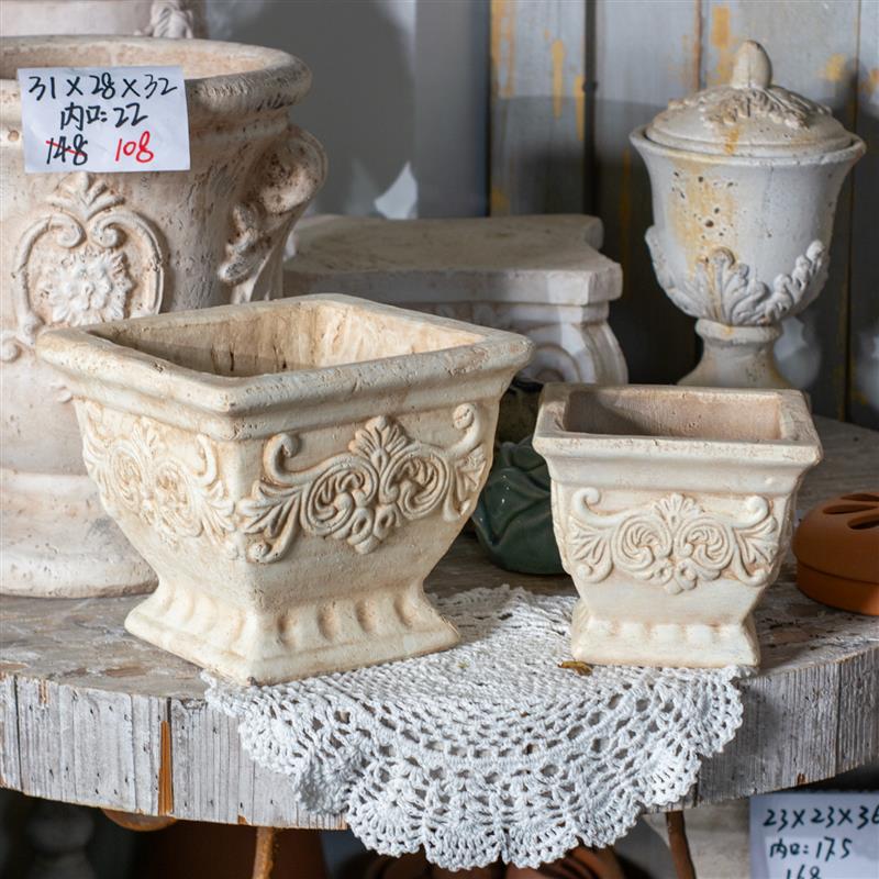 粗陶欧式陶艺复古做旧花盆高脚奖杯方盆庭院花器花园杂货装饰陶盆