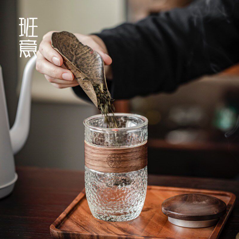 班意 茶水分离滤茶杯男办公泡茶杯木盖防烫玻璃杯加厚耐高温水杯