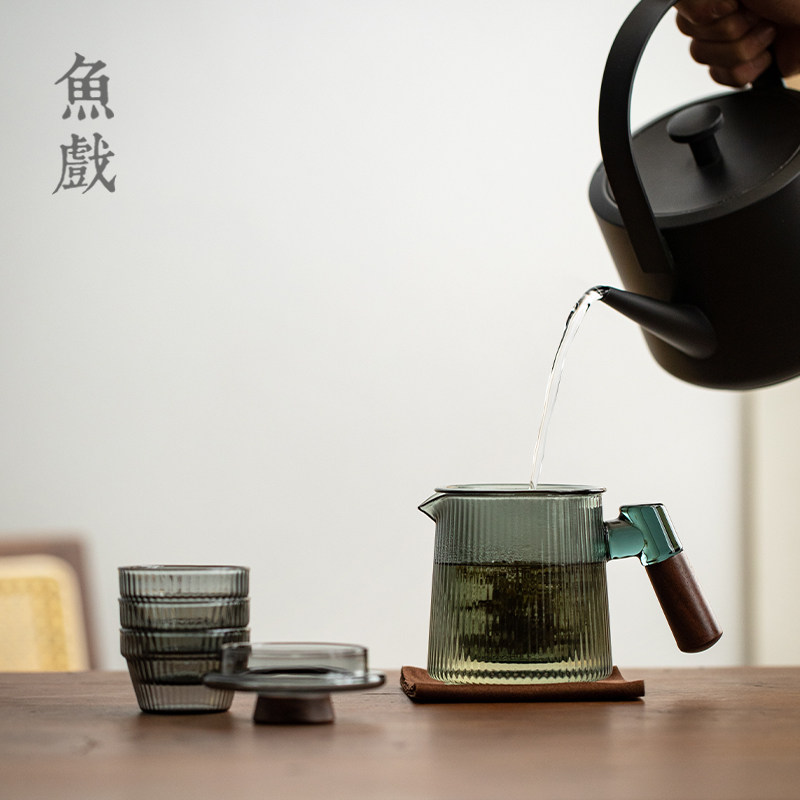 日式竖纹玻璃快客杯一壶四杯便携旅行功夫茶具套装办公室泡茶杯子