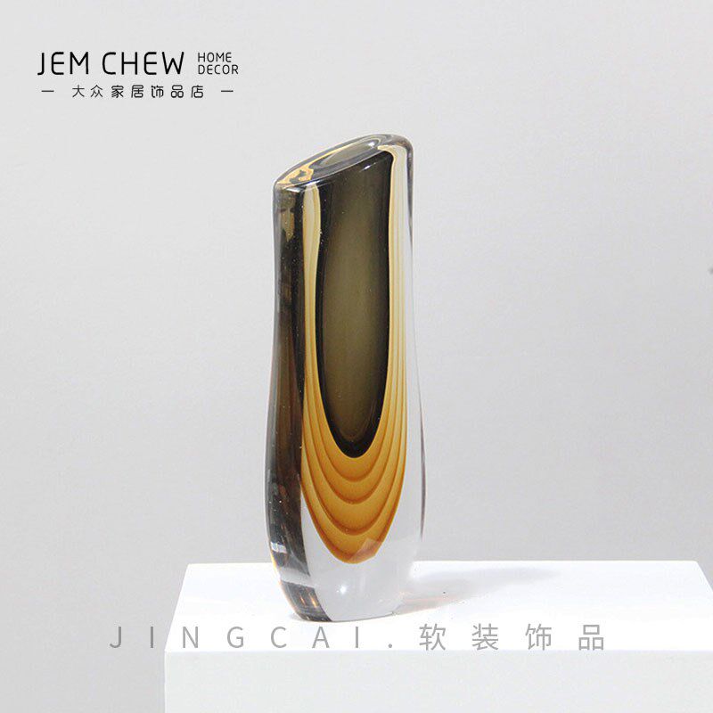 北欧轻奢黄色定制款琉璃加厚玻璃水培创意插花样板间售楼软装摆件