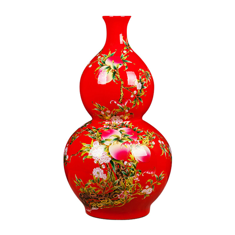 景德镇陶瓷器 中国红色福寿图葫芦落地大花瓶 客厅装饰工艺品摆件