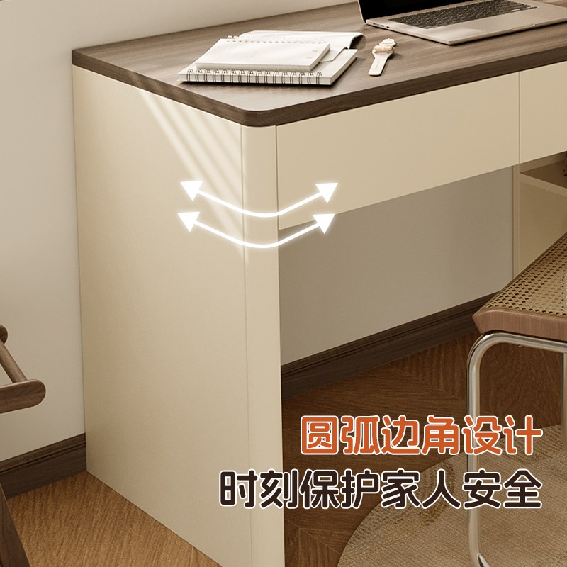儿童书房复古奶油风写字桌衣柜一体靠墙卧室家用简约书桌书架定制