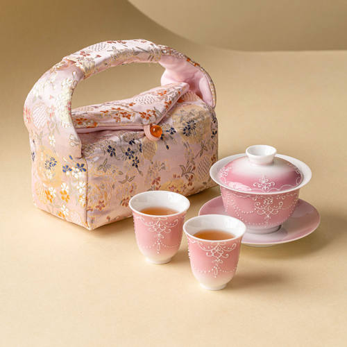 厂家渐变粉珠帘旅行茶具外出携带包三才盖碗小套装时雨陶瓷泡茶杯