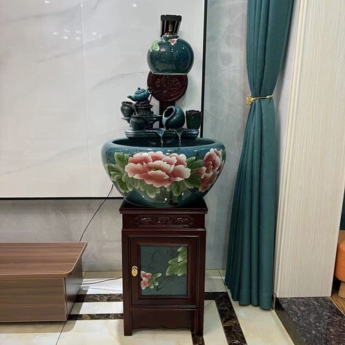 景德镇陶瓷鱼缸柜式金鱼缸落地鱼缸家用玄关客厅养鱼盆办公室摆件