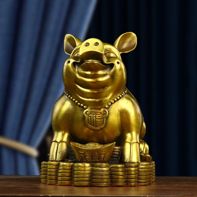 纯铜百财金猪摆件生肖猪拉白菜富贵猪客厅办公室桌面装饰送礼