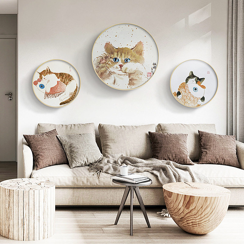 新中式装饰画卡通猫咪喷绘油画客厅沙发背景玄关墙上挂画圆形壁画